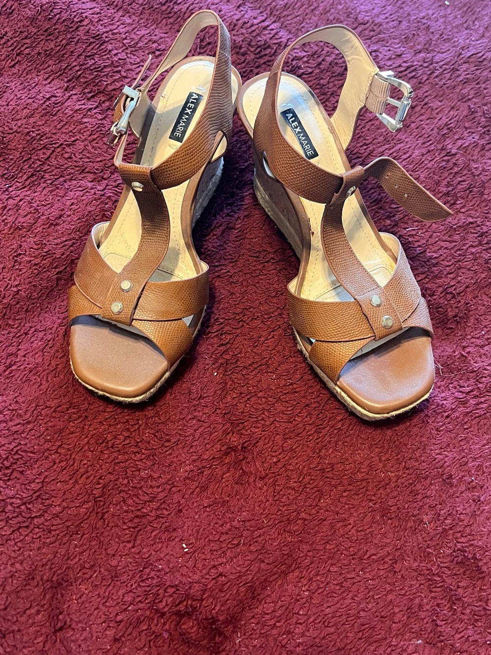 Alex Marie Tan Brown Leather Wedge Sandals - Textured Straps